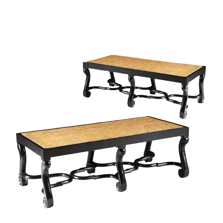 Pair of ebonised benches with cane seats and Jacobean stretchers by Collection EE30, late 19th century style.