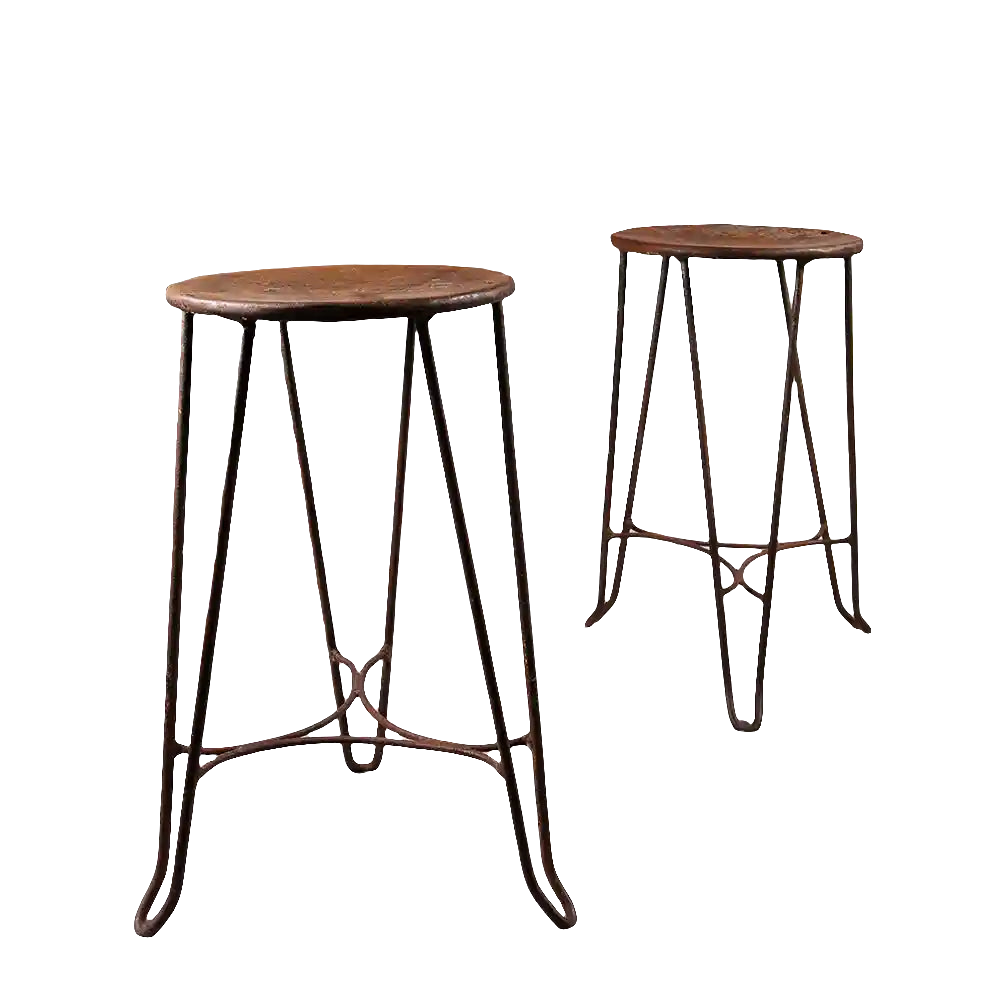 Pair of Collection EE30 vintage industrial metal hairpin stools with wooden round seats, circa 1950, 56 cm height