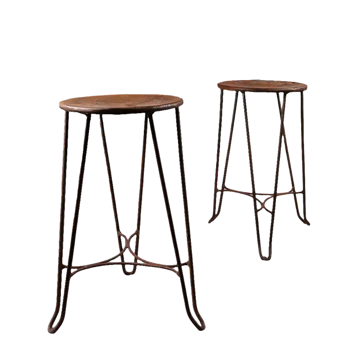 Pair of Collection EE30 vintage industrial metal hairpin stools with wooden round seats, circa 1950, 56 cm height