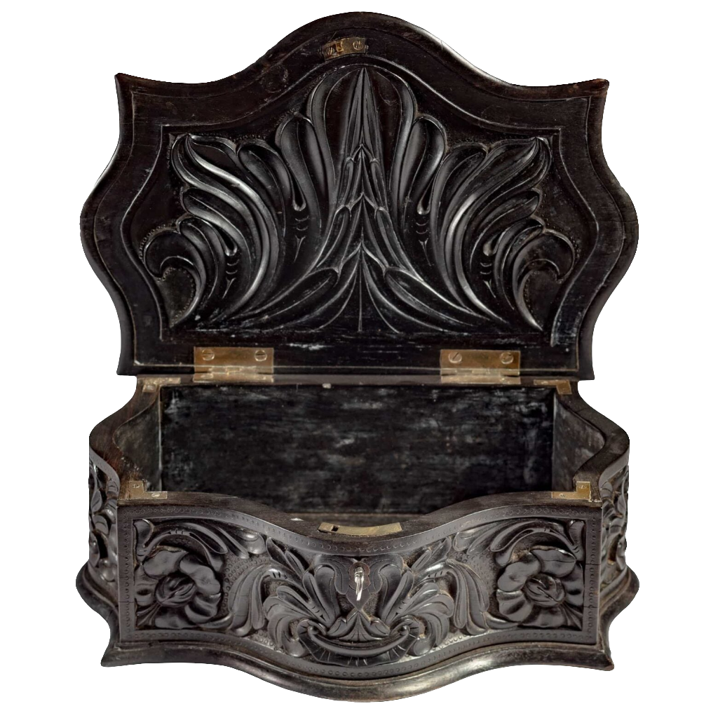 Mid 19th century carved ebony workbox with floral relief by Nwtiques, open showing interior details