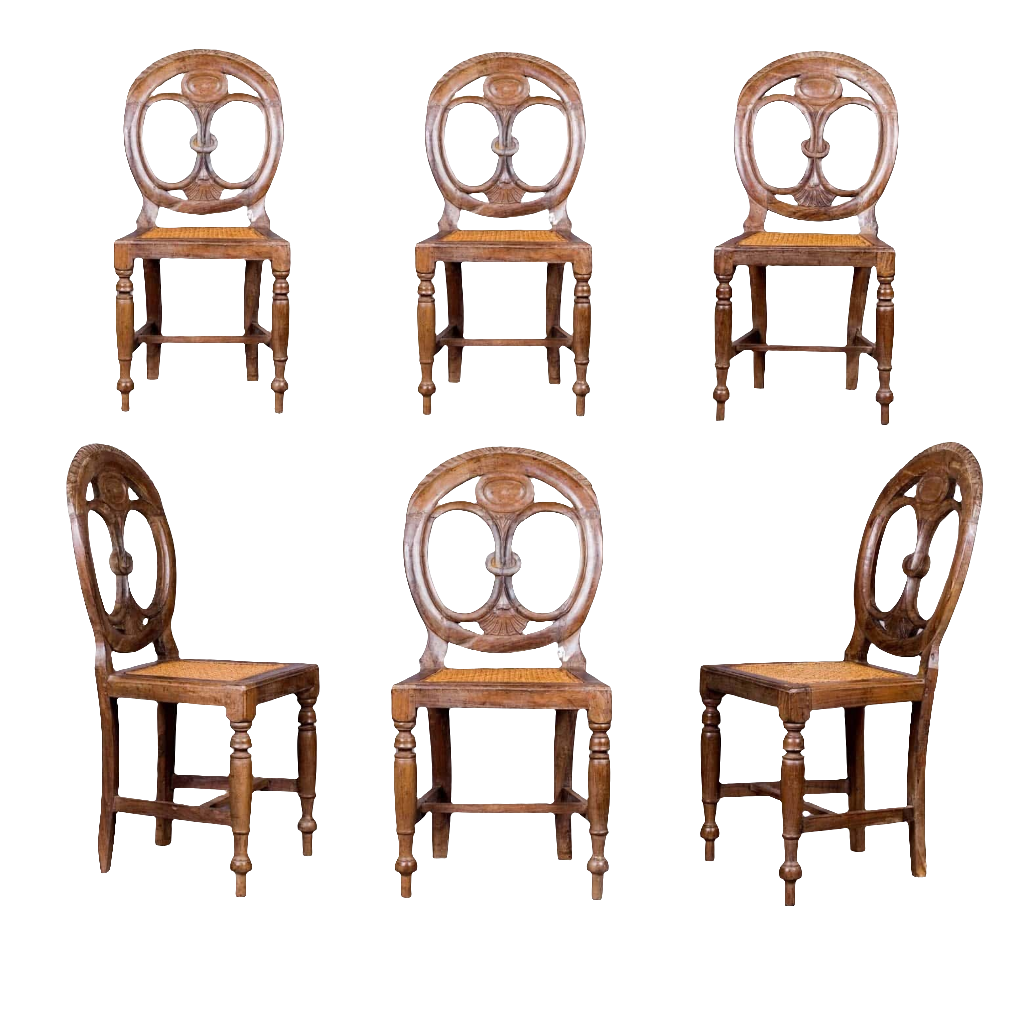 Set of six 19th century Goan side chairs with pierced oval backs and caned seats by Nwtiques