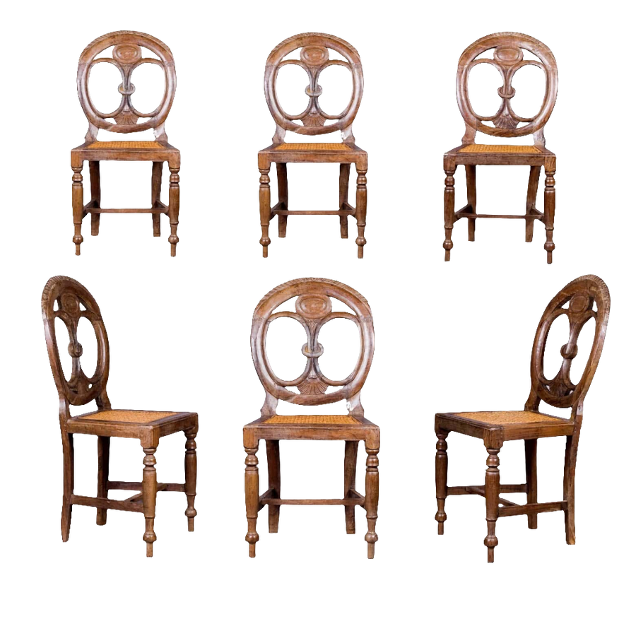 Set of six 19th century Goan side chairs with pierced oval backs and caned seats by Nwtiques