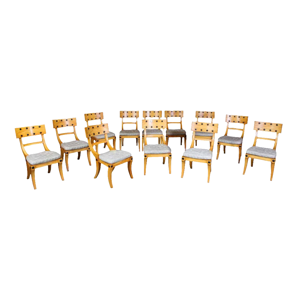 Set of 12 Satinwood Klismos dining chairs with cane seats and ebony detailing from Collection EE30 in classic style