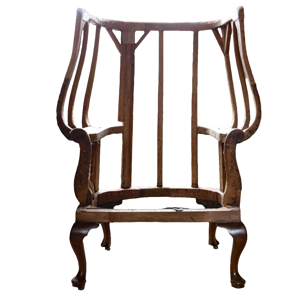 Early Georgian wing chair frame by Collection EE30, circa 1720, showcasing elegant timber craftsmanship and classic design.