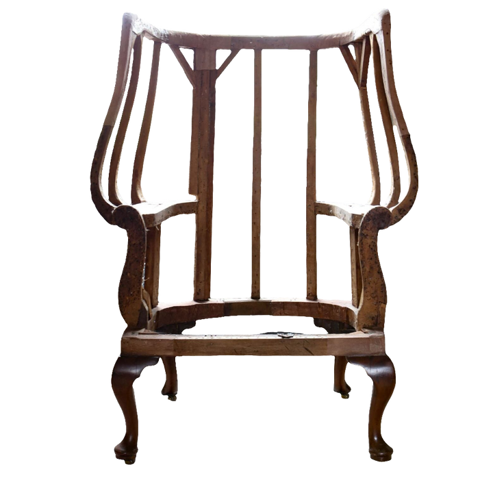 Early Georgian wing chair frame by Collection EE30, circa 1720, showcasing elegant timber craftsmanship and classic design.