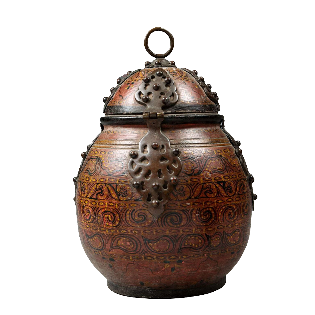 Rajasthani Wooden Jar and Cover with lacquer decoration, hinged lid, and heavy bronze mounts, circa 1880, India.