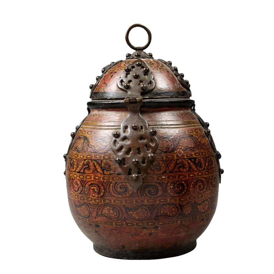 Rajasthani Wooden Jar and Cover with lacquer decoration, hinged lid, and heavy bronze mounts, circa 1880, India.