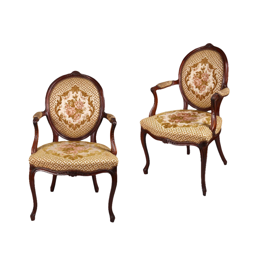 Pair of George III mahogany armchairs with floral upholstery from Nwtiques, elegant antique seating design