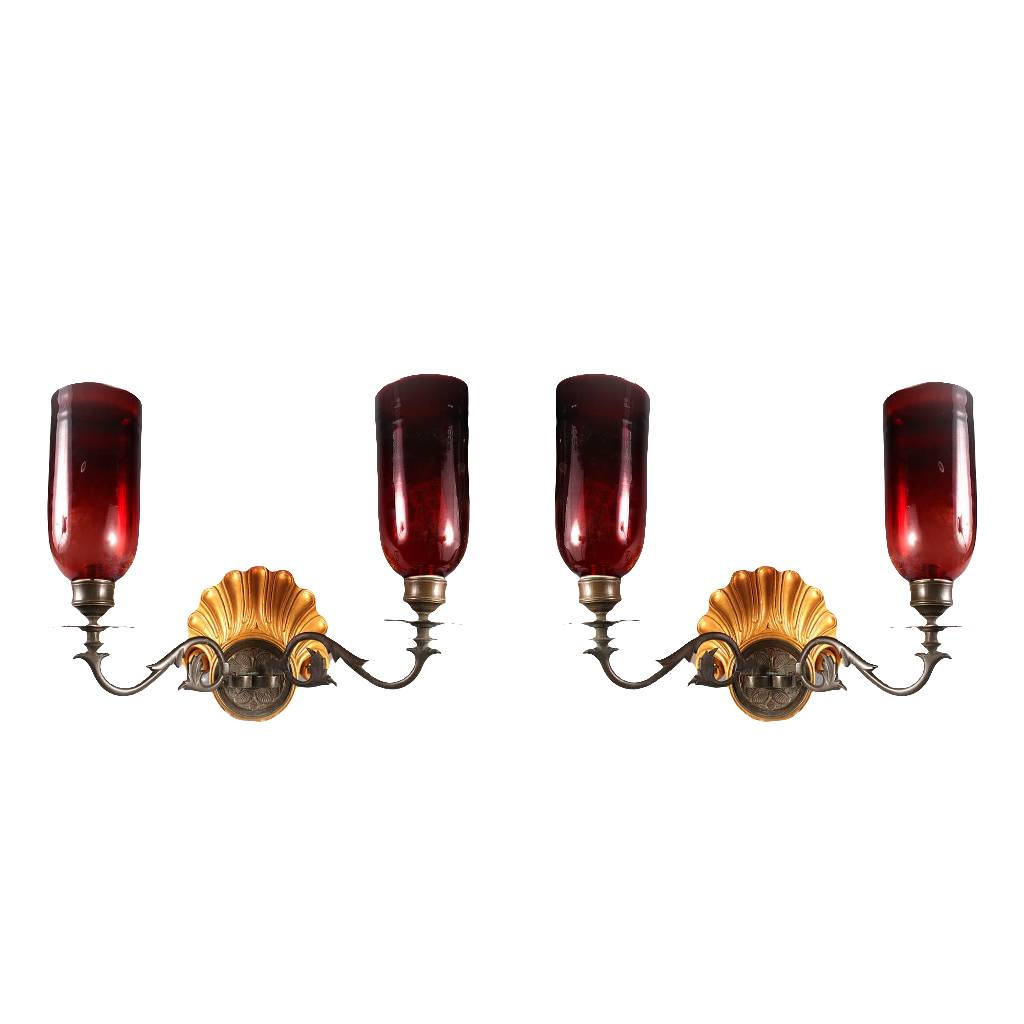 Pair of Mughal wall lights with carved shell giltwood and red glass shades from Collection EE10 circa 1880