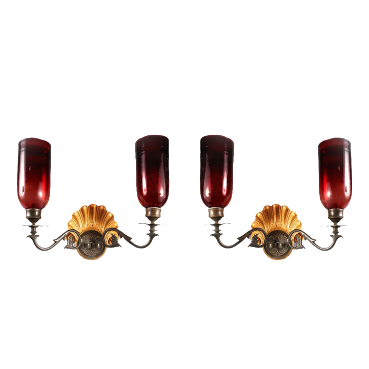 Pair of Mughal wall lights with carved shell giltwood and red glass shades from Collection EE10 circa 1880