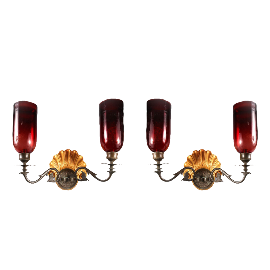 Pair of Mughal wall lights with carved shell giltwood and red glass shades from Collection EE10 circa 1880