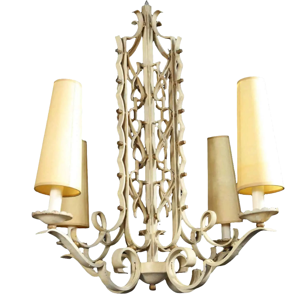 French modernist white painted iron chandelier with four lights and ornamental scrolls by The Sold Archive