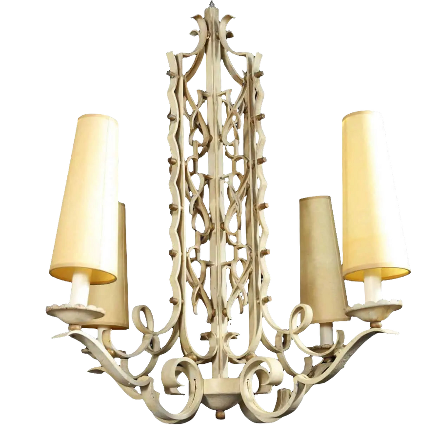 French modernist white painted iron chandelier with four lights and ornamental scrolls by The Sold Archive