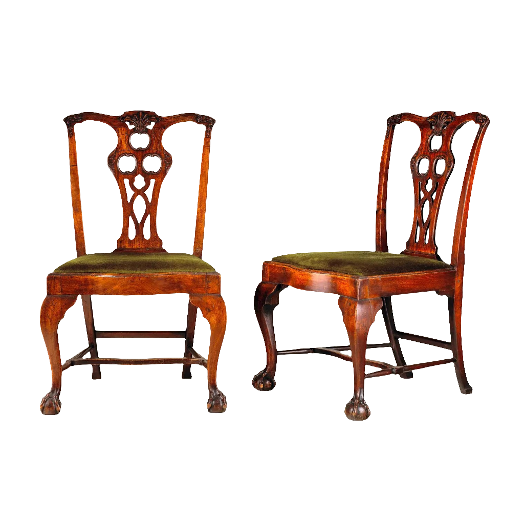 Pair of mid-18th century Philadelphia side chairs with carved details by Nwtiques, circa 1765.