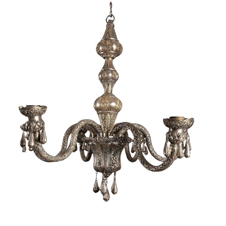 Repoussé silver six arm chandelier with intricate relief work by Collection EE20, India circa 1900, height 79 cm, diameter 80 cm