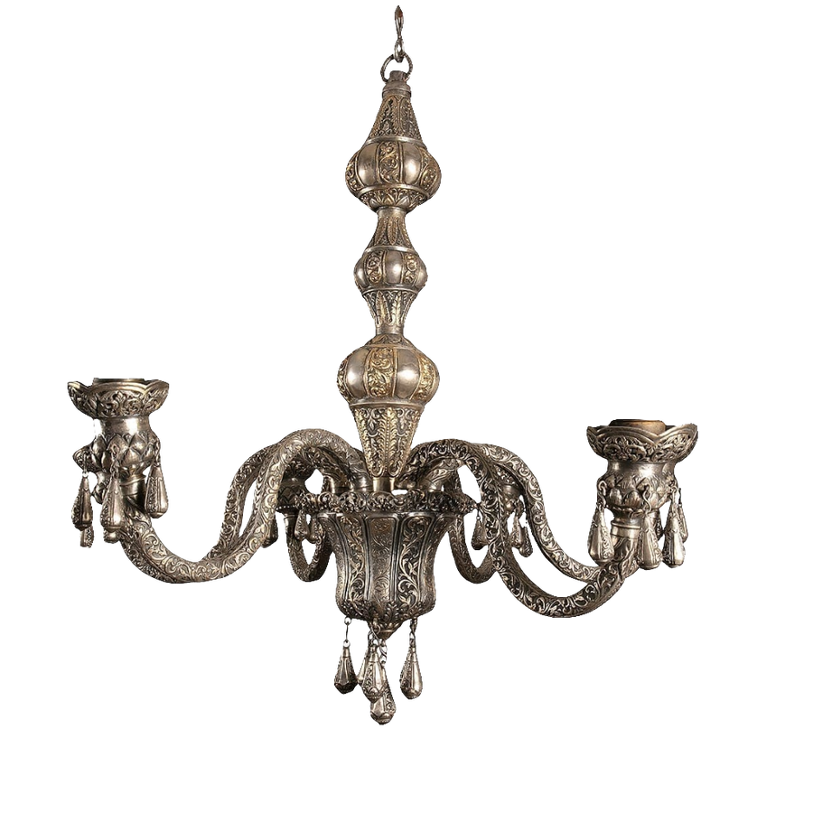 Repoussé silver six arm chandelier with intricate relief work by Collection EE20, India circa 1900, height 79 cm, diameter 80 cm