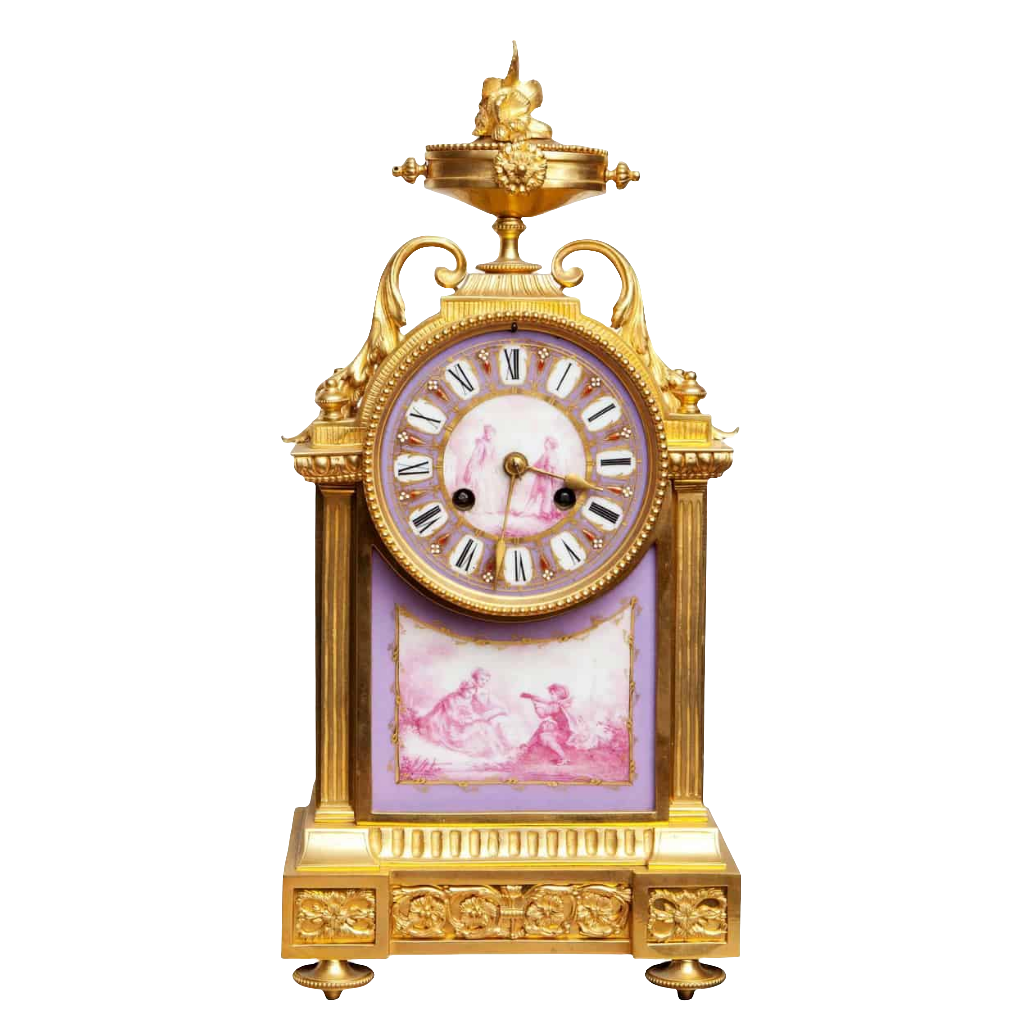 Fine porcelain ormolu mantel clock with courting couple scenes by Nwtiques circa 1880 France