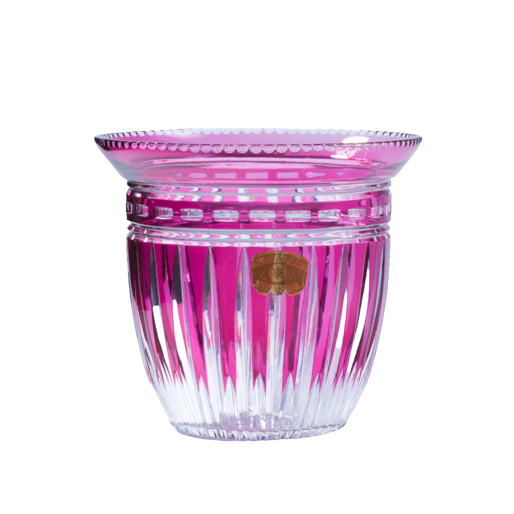 Val St Lambert hand blown pink over clear cut glass vase with original label offered by Nwtiques