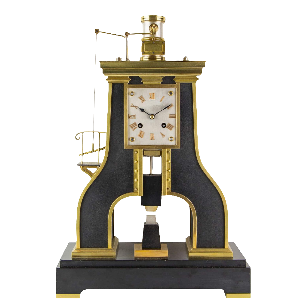 Guilmet Industrial Steam Hammer Clock circa 1870 with black lacquer and brass, sold by Nwtiques