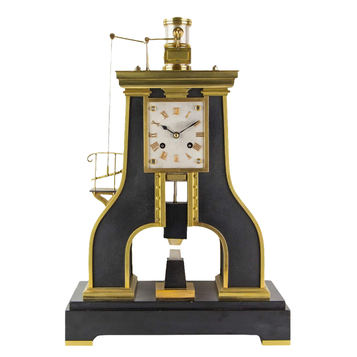 Guilmet Industrial Steam Hammer Clock circa 1870 with black lacquer and brass, sold by Nwtiques