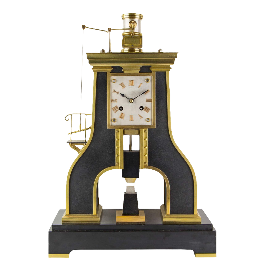 Guilmet Industrial Steam Hammer Clock circa 1870 with black lacquer and brass, sold by Nwtiques