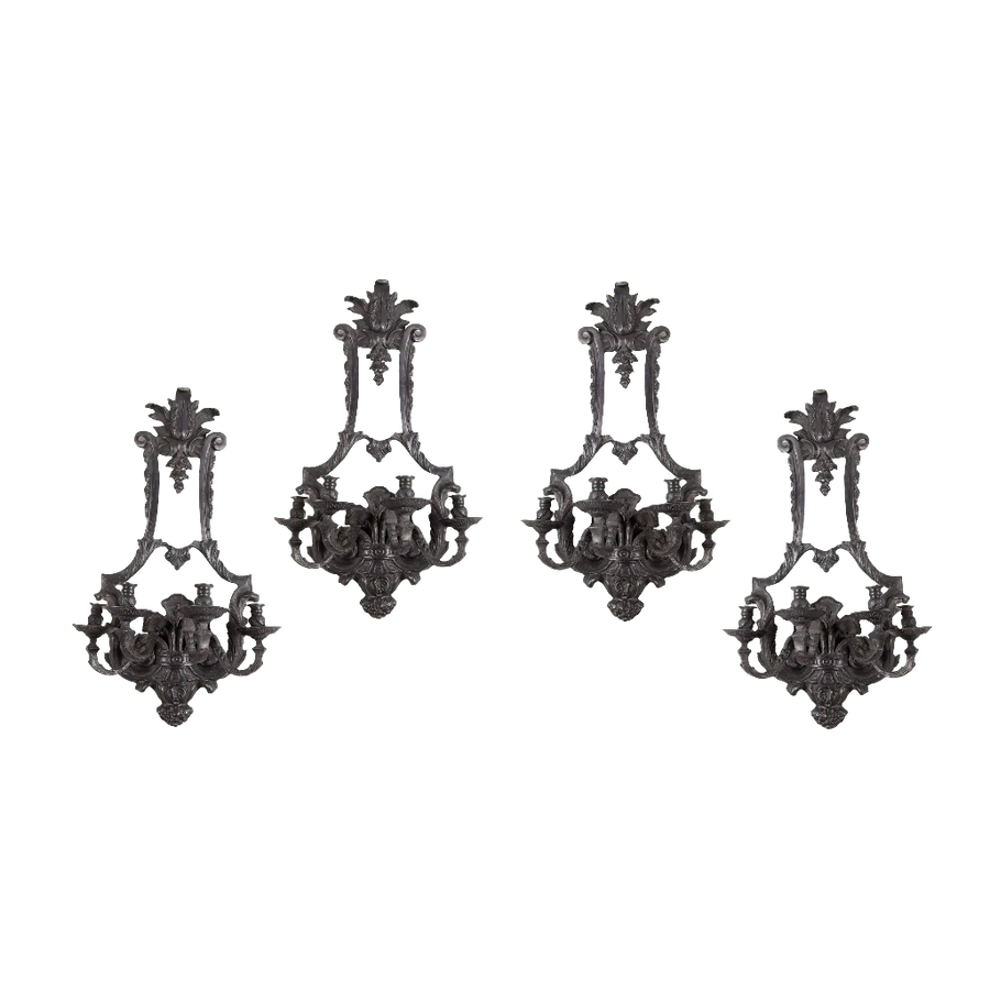 Set of four Louis XIV style bronze four light wall appliques by Collection TH10 with ornate baroque design