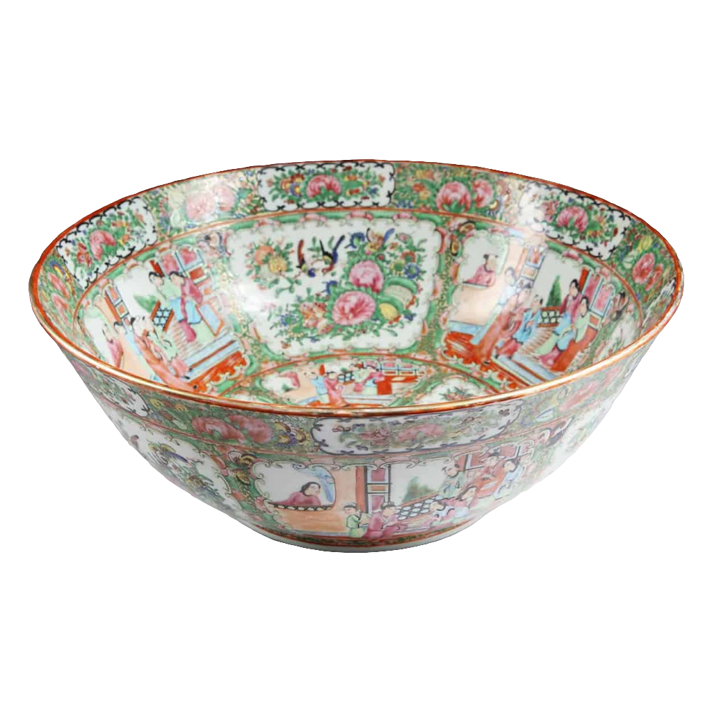 Large Rose Medallion Canton punch bowl with hand-painted floral and bird motifs from Collection CK20.