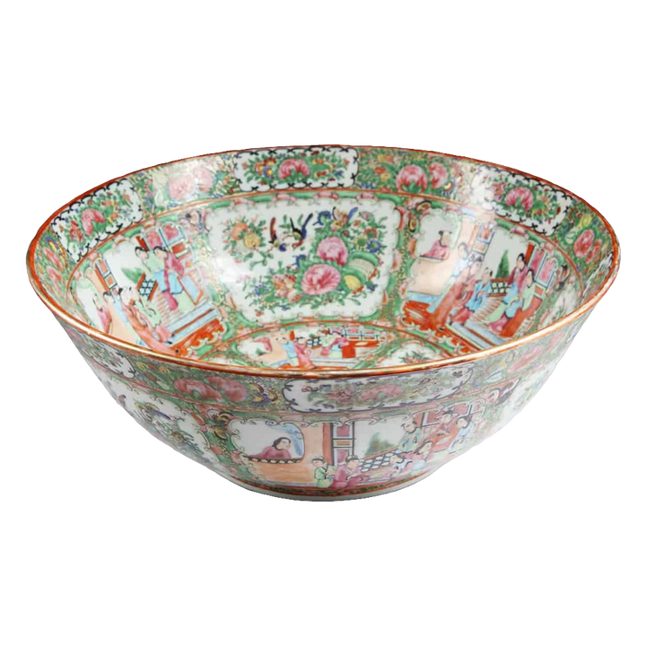 Large Rose Medallion Canton punch bowl with hand-painted floral and bird motifs from Collection CK20.