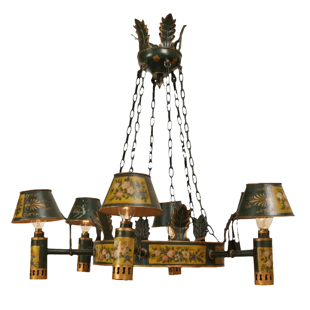 Napoleon III six light tôle chandelier with floral details and green shades by Collection TH10
