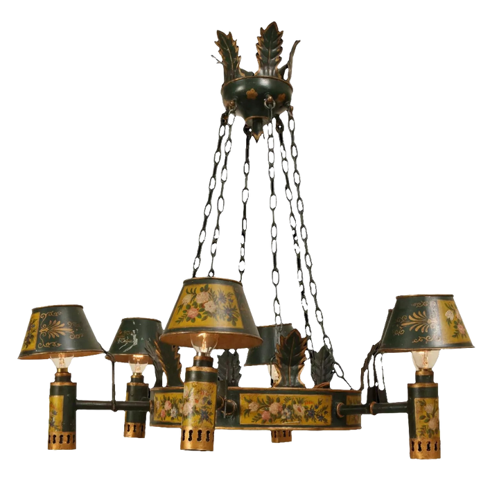 Napoleon III six light tôle chandelier with floral details and green shades by Collection TH10