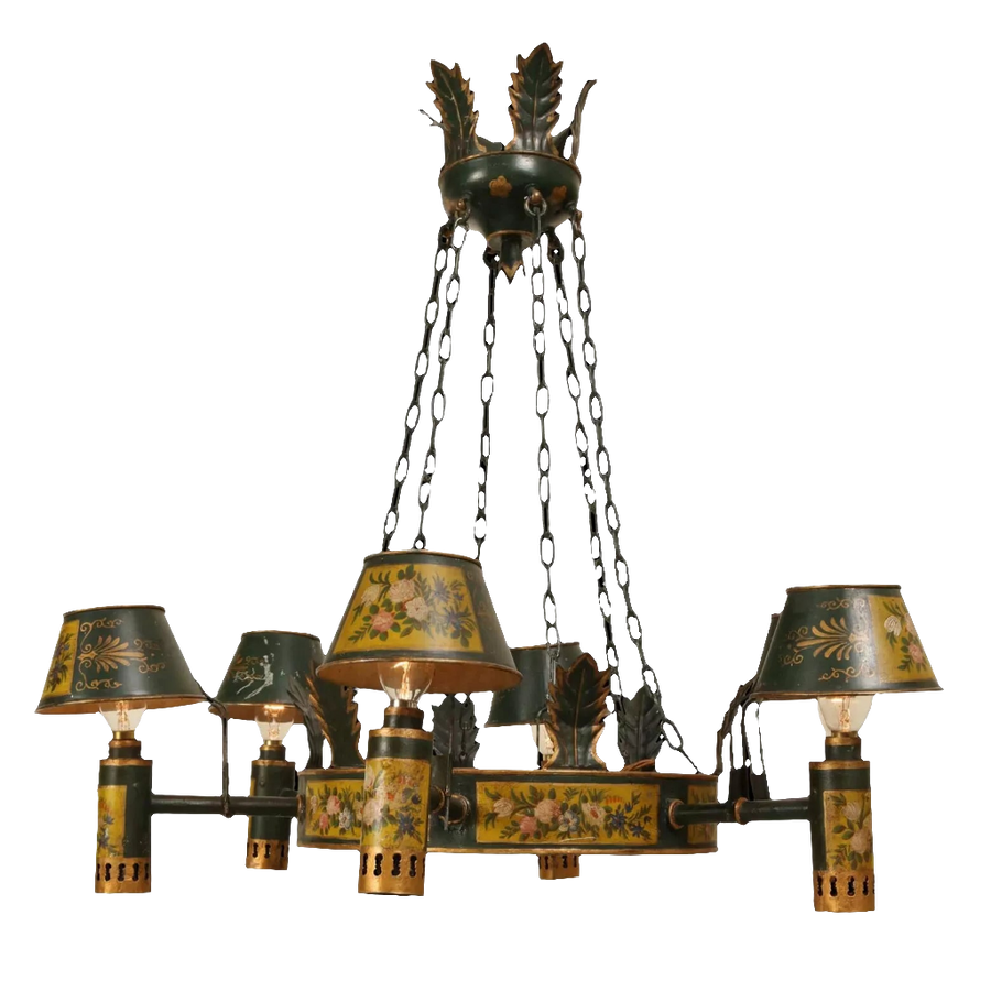 Napoleon III six light tôle chandelier with floral details and green shades by Collection TH10
