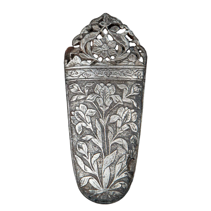 Intricately carved 17th century Mughal cut-steel chape with foliate design, offered by Nwtiques.