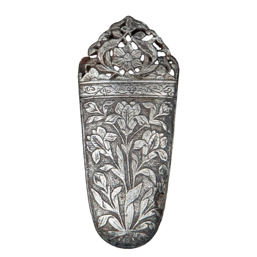 Intricately carved 17th century Mughal cut-steel chape with foliate design, offered by Nicholas Wells Antiques.