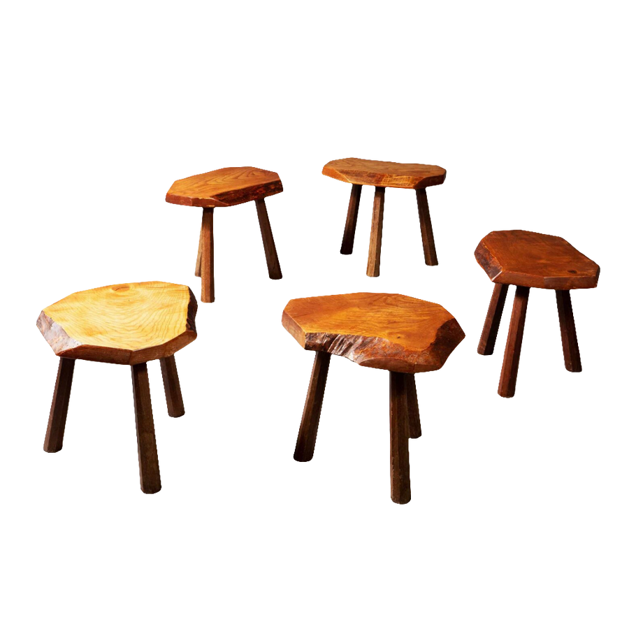 Set of five mid century elm stools with natural wood finish from Collection EE30, vintage French design circa 1960