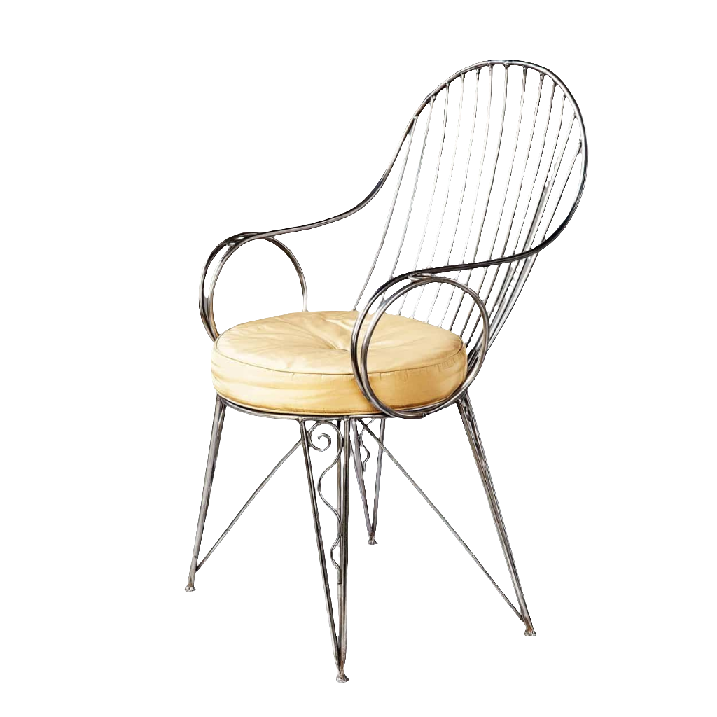 Modernist steel desk chair with curved armrests and beige cushion from Collection TH20, featuring vintage industrial elegance.