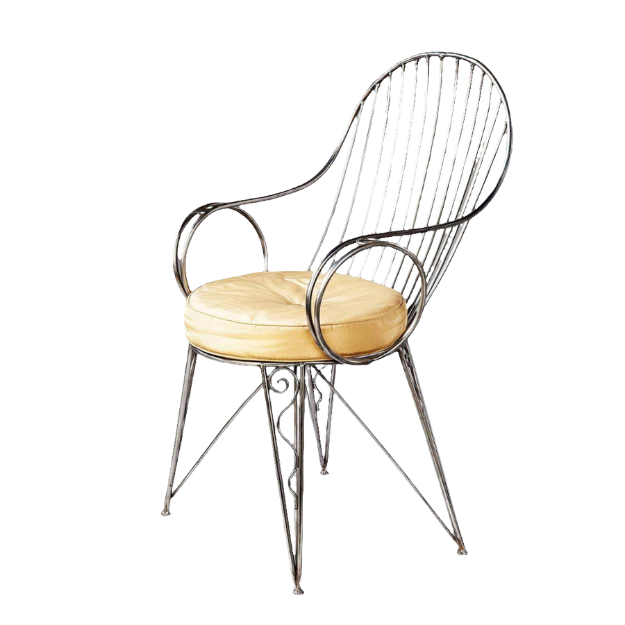 Modernist steel desk chair with curved armrests and beige cushion from Collection TH20, featuring vintage industrial elegance.
