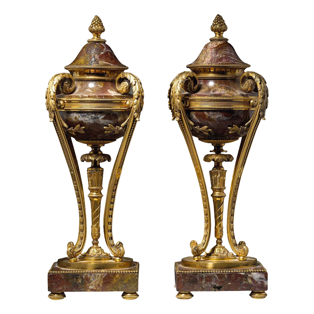Pair of Sicilian red jasper and gilt bronze urns by Nwtiques, French neo-classical 19th century design