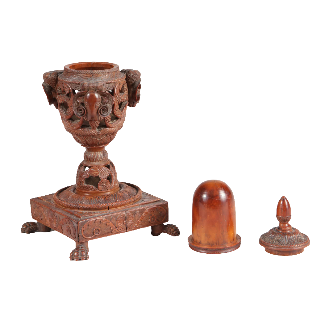 Carved Coquilla Nut Ink Stand by Collection TH20 with ornate ram’s heads and paw feet, circa 1800 English craftsmanship.