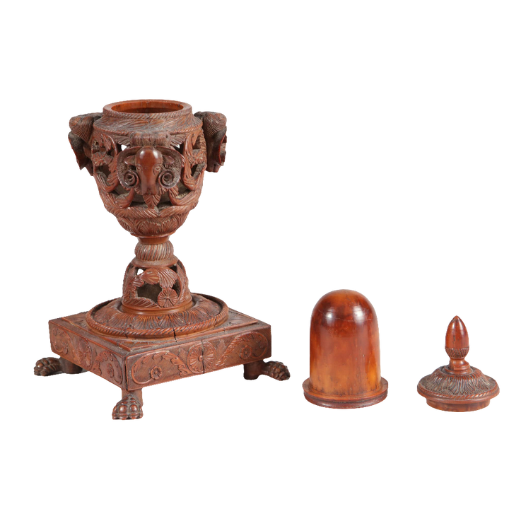 Carved Coquilla Nut Ink Stand by Collection TH20 with ornate ram’s heads and paw feet, circa 1800 English craftsmanship.