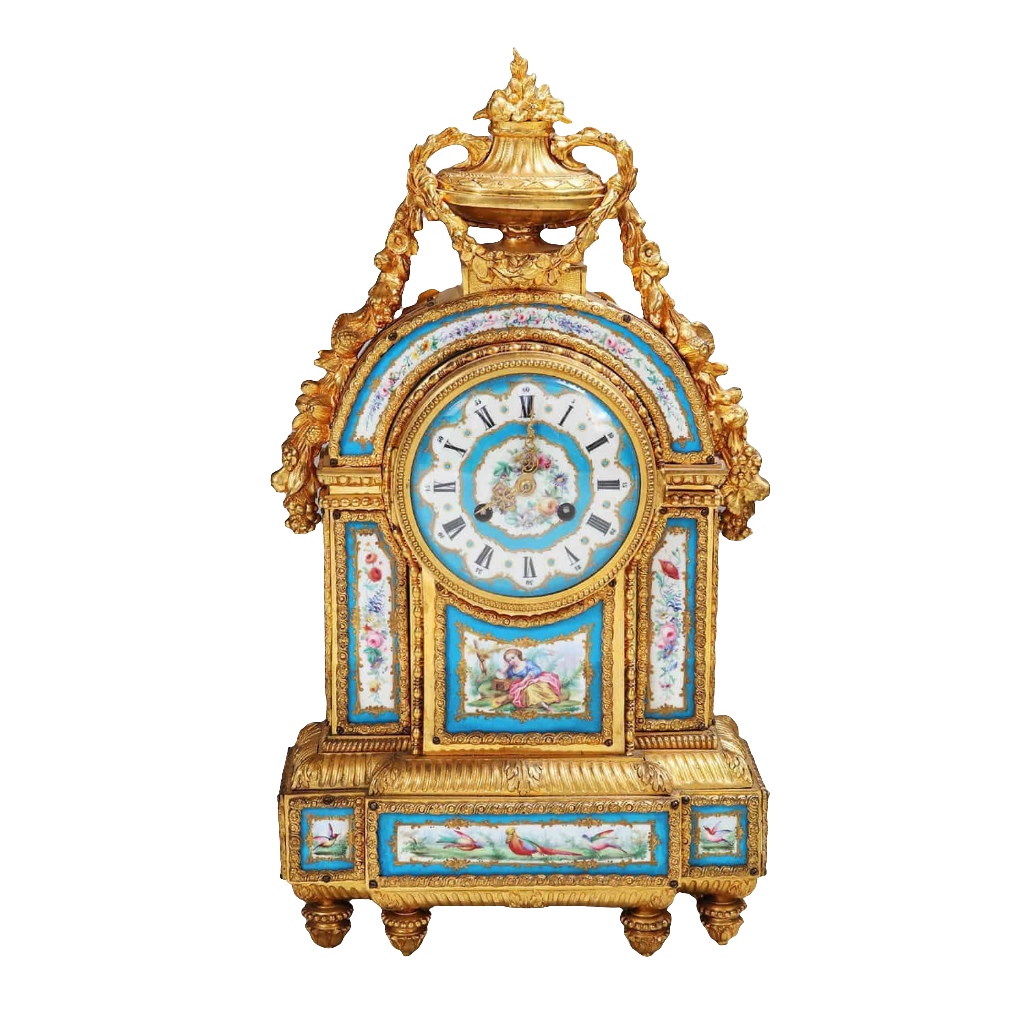 Rare 19th century Sèvres porcelain and ormolu mantel clock with floral panels by Nwtiques