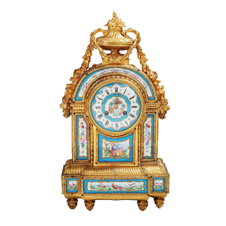 Rare 19th century Sèvres porcelain and ormolu mantel clock with floral panels by Nwtiques