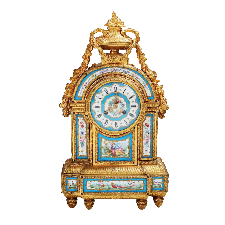 Rare 19th century Sèvres porcelain and ormolu mantel clock with floral panels by Nwtiques