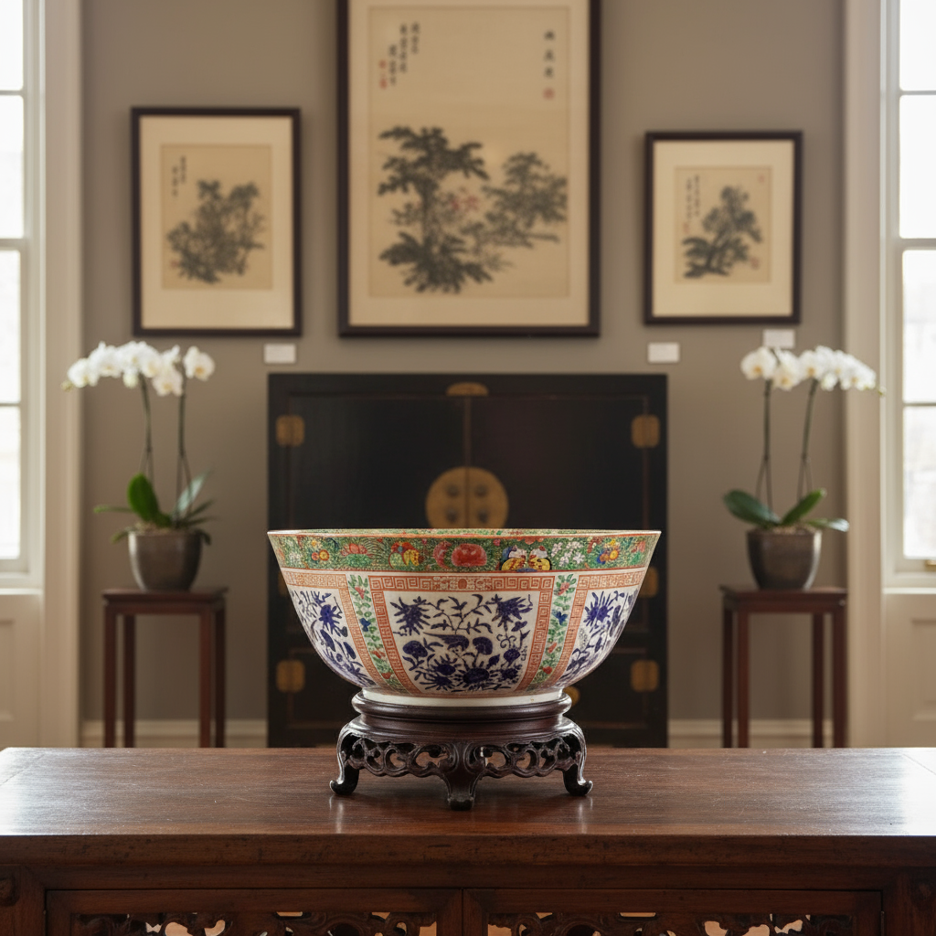 19th century Chinese porcelain bowl with intricate floral patterns on wooden stand in elegant room by Nwtiques