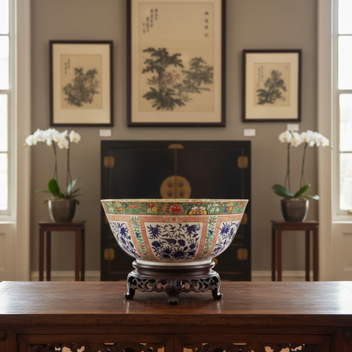 19th century Chinese porcelain bowl with intricate floral patterns on wooden stand in elegant room by Nwtiques