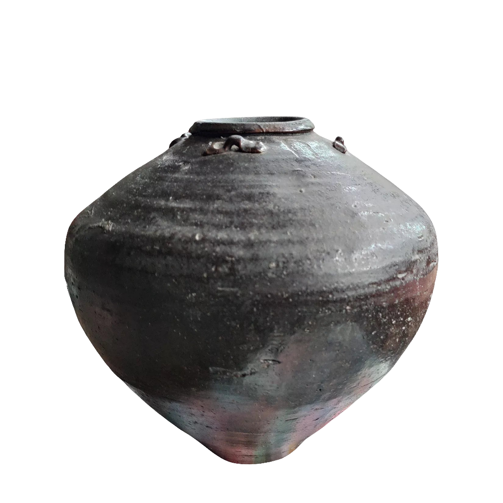 17th century South China Sea dark glazed ceramic storage jar by Nwtiques with pierced handles and bulbous form