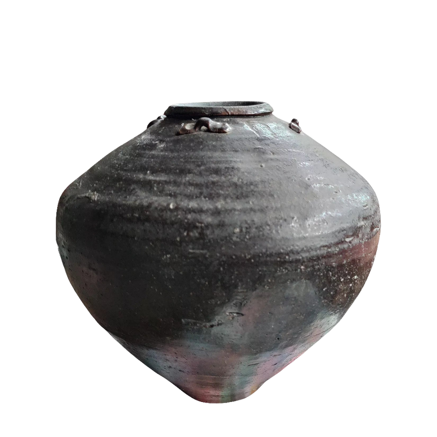 17th century South China Sea dark glazed ceramic storage jar by Nwtiques with pierced handles and bulbous form