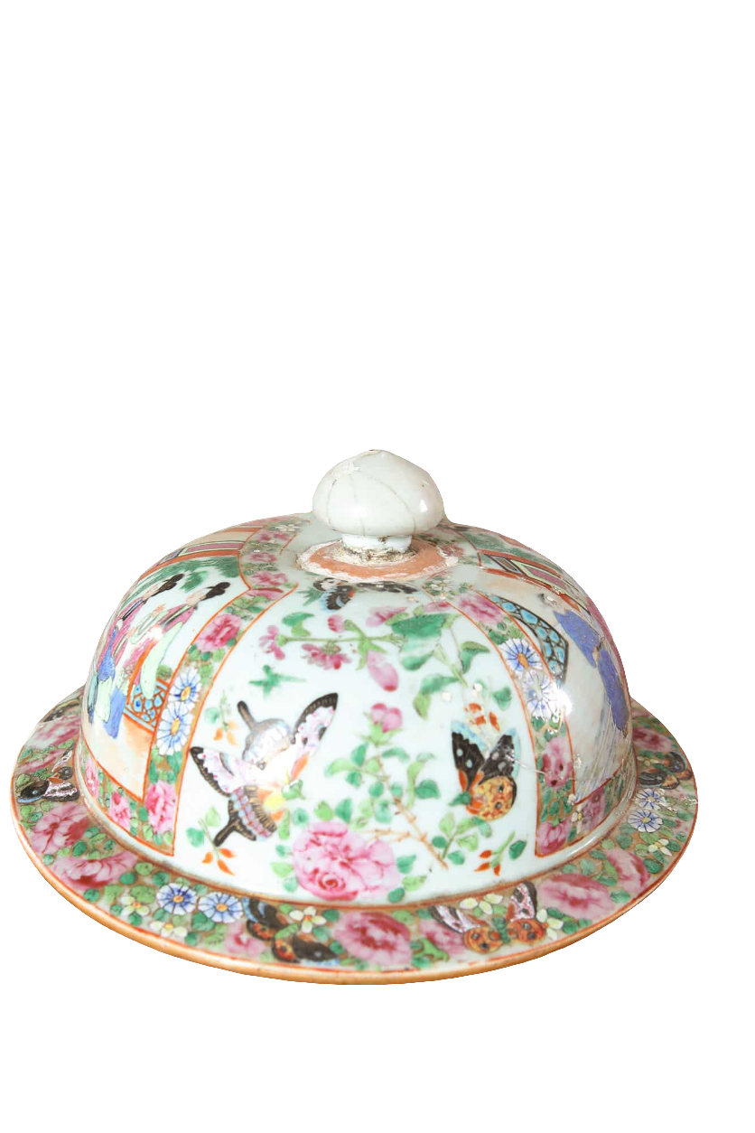 Antique Canton Chinese Export vase cover with floral and butterfly motifs from Collection EE20