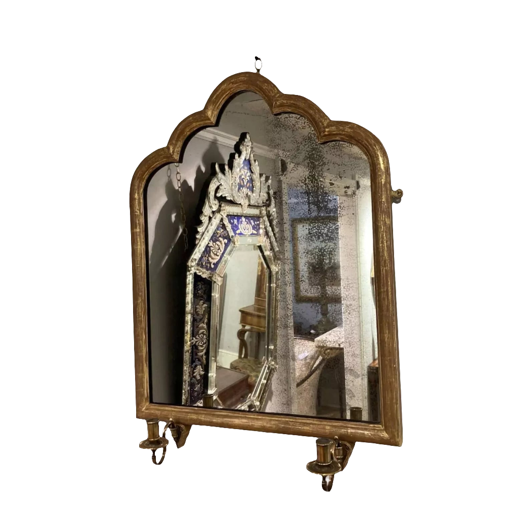 Pair of Decorative Gothic Giltwood Girandole Mirrors with central dual candle arms, 19th century England.