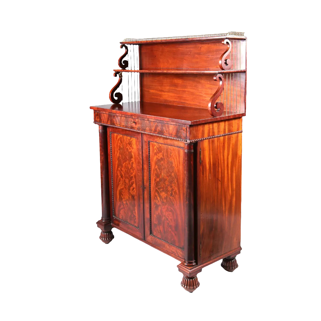 Regency mahogany chiffonier with scroll ends and gadrooned bun feet by Nwtiques circa 1815 England
