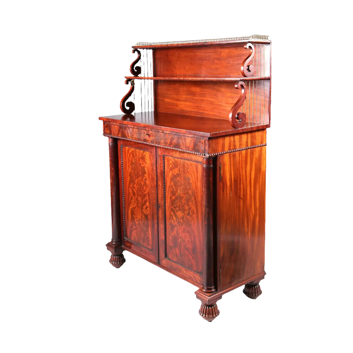 Regency mahogany chiffonier with scroll ends and gadrooned bun feet by Nwtiques circa 1815 England